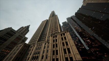 Amidst a dramatic skyline, towering skyscrapers stretch toward the overcast sky. The grand architecture showcases a blend of history and modernity, capturing the essence of urban life.
