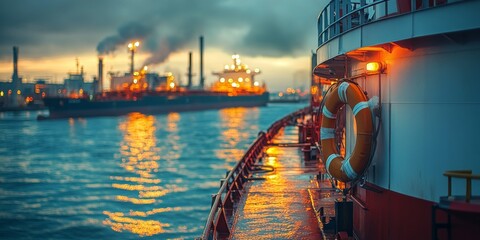Tanker fleet docked at industrial port during sunset with lifebuoy on a ship