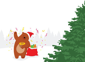 Illustration of a cute cartoon bear with a bag of gifts and a Christmas tree