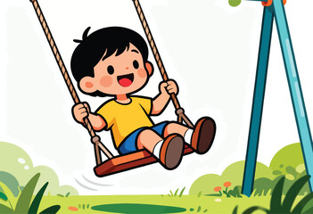 A joyful cartoon child, clad in yellow and blue, swings high on a playground swing, smiling broadly