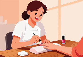 A smiling nail technician applies pink nail polish to a client's hand at a salon, with tools and a bottle nearby