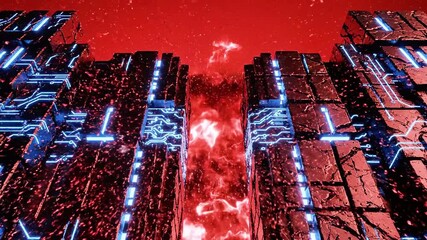 Futuristic abstract scene with glowing circuits, red textures, and electric arcs - Powered by Adobe