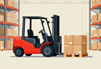 A vibrant red forklift in a warehouse setting, lifting boxes on a pallet. Shelves are filled with packaged goods