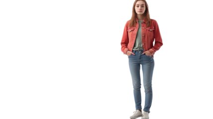 A young woman poses in a stylish casual outfit, showcasing her confidence in a well-lit studio space.