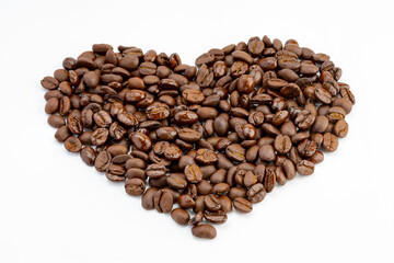 Coffee beans in heart shape with isolated white background