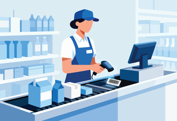 A store clerk scans items at a checkout counter with a bar-code reader, products on conveyor, blue shelves in background