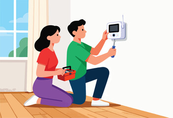 A couple, one with a screwdriver, installs a monitor on a wall, assisted by their companion