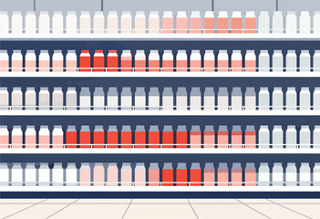 Illustration of a supermarket shelf, showcasing rows of beverages with varying red gradients. Perspective view, tiled floor