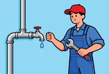 A plumber, wearing a red cap and blue overalls, holds a wrench near a leaking faucet against a blue background