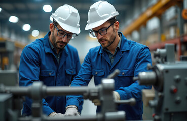 Two male factory workers in blue uniforms, hard hats look intently at metal lathe machine. Operate, maintain industrial equipment, collaborating on production processes in workshop. Safety gear worn.