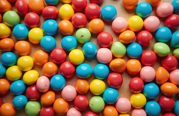 Obraz premium Round colorful candy balls spread on table surface. Sweet treats offer vibrant mix of colors like red, blue, green, yellow, orange, pink. Perfect for parties, celebrations, fun kids event.