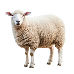 A fluffy white sheep stands on a bright background, showcasing its woolly coat with a calm and peaceful demeanor.