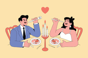 Cartoon couple enjoying a romantic dinner with candles and a floating heart