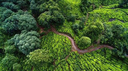 Aerial view of a lush, vibrant green landscape featuring winding paths and varying textured foliage