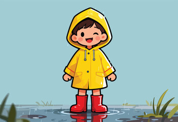 Cartoon illustration of a cheerful child wearing a yellow raincoat and red boots standing in a puddle