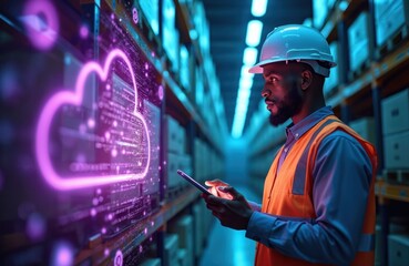 Black warehouse worker with phone manages inventory using cloud system. Man in hard hat controls stock via futuristic interface. Smart logistics, supply chain innovation in distribution center.