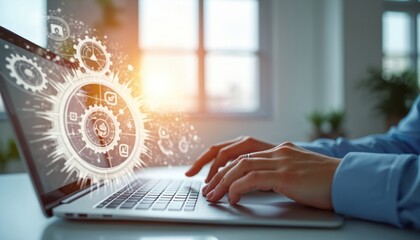 Person types on laptop showing digital interface with gears and icons. Abstract network diagram displays data. Technology workflow management system. Futuristic business operation.