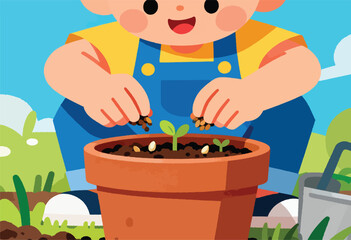 A cheerful illustration of a child planting seeds in a terracotta pot with a sprout. Blue sky, grass, and gardening tools