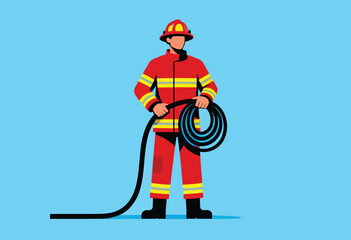 A vector illustration depicts a firefighter in red uniform with coiled hose, standing against a blue backdrop