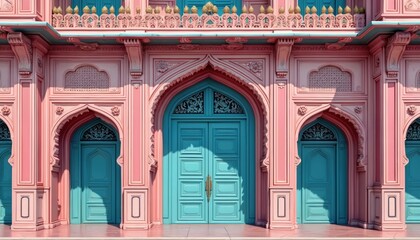 Fototapeta premium Architectural illustration features ornate facade with pink, blue details. Intricate design includes archways doors, decorative elements. Structure reflects historical Indian style representing