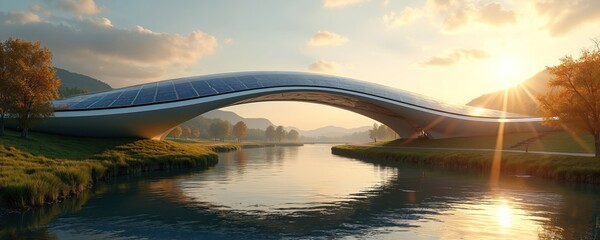 Modern bridge with organic curves covered in solar panels spans calm river at sunset. Rich green banks with autumn trees frame scenic water landscape. Sun rays shine through sky.