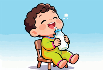 Cute illustration of a baby enjoying a bottle. The child is smiling while seated on a small wooden chair