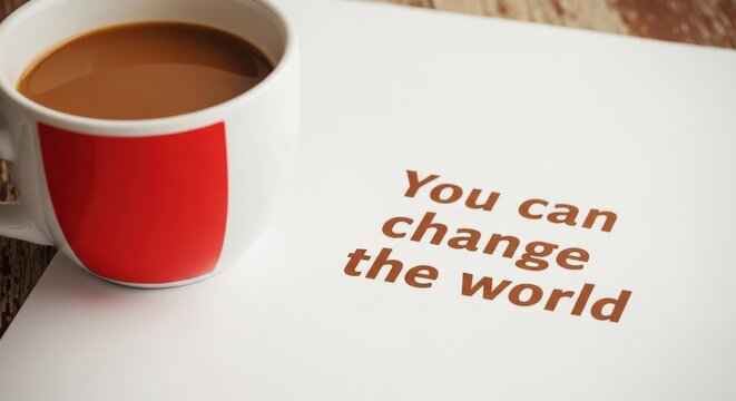 A cup of coffee with inspiration text " You can change the world"