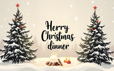 Christmas dinner invitation cards with hand drawn holiday christmas tree, fireplace, snowball. Festive mood, elegant vintage style. Vector sketch illustration. High quality