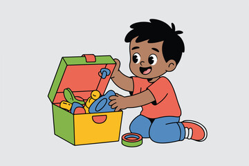 A cartoon child is opening a toy chest, excited. The chest is filled with colorful toys and placed on the floor
