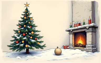 Christmas dinner invitation cards with hand drawn holiday christmas tree, fireplace, snowball. Festive mood, elegant vintage style. Vector sketch illustration. High quality