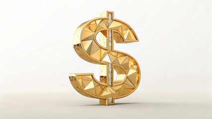 A golden dollar sign with a faceted surface isolated on white background
