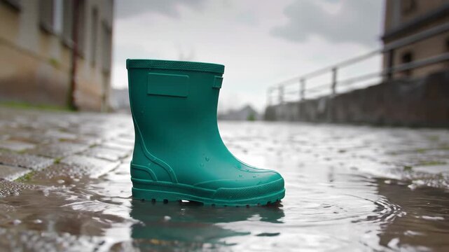 Green rain boot in puddle, water splashing. Rainy weather, puddle, outdoors.
