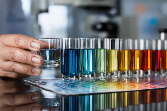 Colorful liquids in small glasses displayed on a lab table during an experiment
