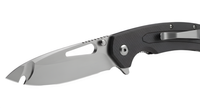 Modern folding knife with silver blade and black handle