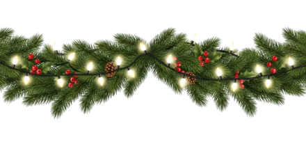 Realistic festive christmas garland border with glowing string lights, red berry clusters, and pine cone decoration, isolated on transparent background