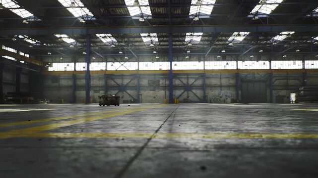 Spacious industrial warehouse interior with dumpster and bright daylight overhead.