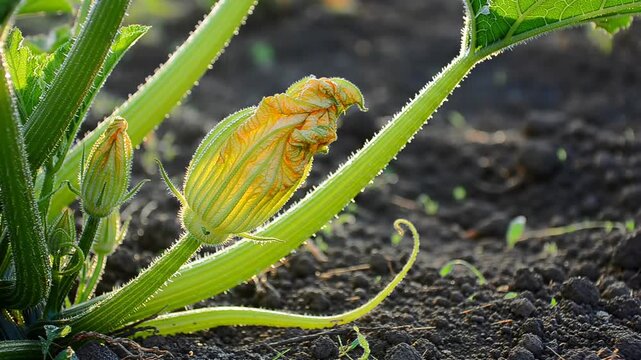 Close up of Zucchini flower and plant growing in soil in vegetable garden.