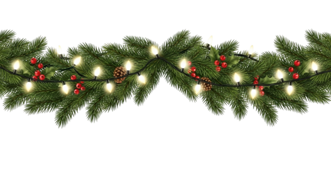 Realistic festive christmas garland border with glowing string lights, red berry clusters, and pine cone decoration, isolated on transparent background