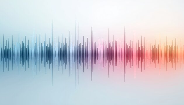 Abstract sound wave pattern with varying vertical lines on dynamic color gradient background, transitioning from cool blue to warm red. Audio equalizer data visually represents music, voice