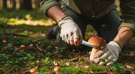 Mushroom picking with knife in forest, gather mushrooms for food. Mushroom picking requires knowledge and skill, so it is important to know which ones are edible, safe mushroom.