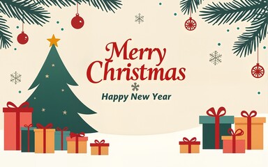 Merry Christmas and Happy New Year posters or greeting cards. Trendy modern backgrounds with Christmas tree, gifts, snowflakes, holiday decor in minimal style. Vector template for banner, print, web.