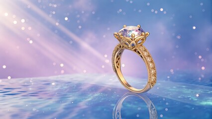 Elegant gold ring with a large gemstone on a dreamy blue background