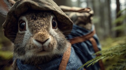 A close-up of a bunny with a backpack and hat looking directly at the viewer in a forest setting, partially obscured by greenery