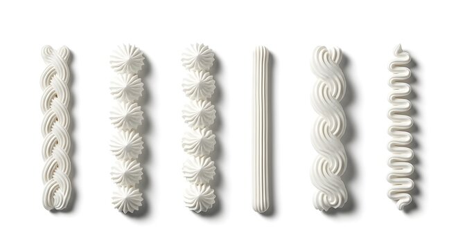 Six different styles of white dessert frosting borders and piping isolated on white background