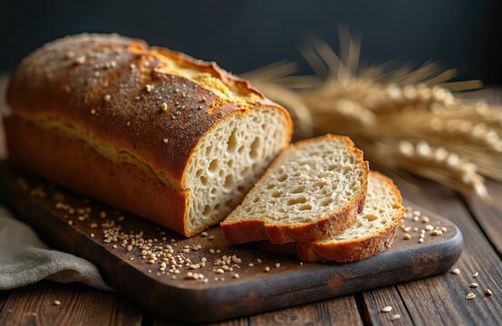 Fresh whole grain bread loaf sliced on rustic wooden board. Homemade sourdough with a crispy crust for healthy breakfast. Organic bakery food on dark kitchen table with wheat ears. - Powered by Adobe