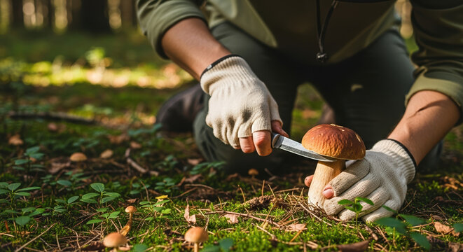Mushroom picking with knife in forest, gather mushrooms for food. Mushroom picking requires knowledge and skill, so it is important to know which ones are edible, safe mushroom.