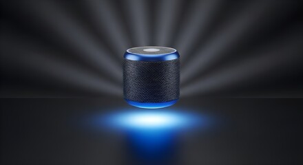 Modern futuristic cylinder with blue light and radial rays