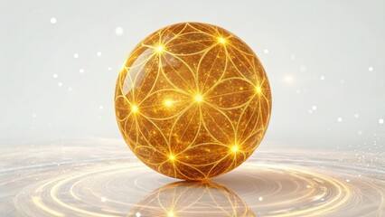 Golden sphere with flower of life pattern isolated on white background