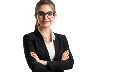 Confident woman in a black suit smiles with arms crossed in a studio, showcasing professionalism and style.