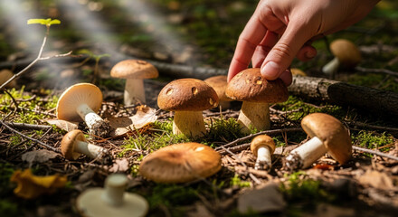 Mushroom picking in autumnal forest with sunlight filtering through canopy, person hand picking mushrooms. Mushroom picking is an outdoor activity enjoyed by many in fall,